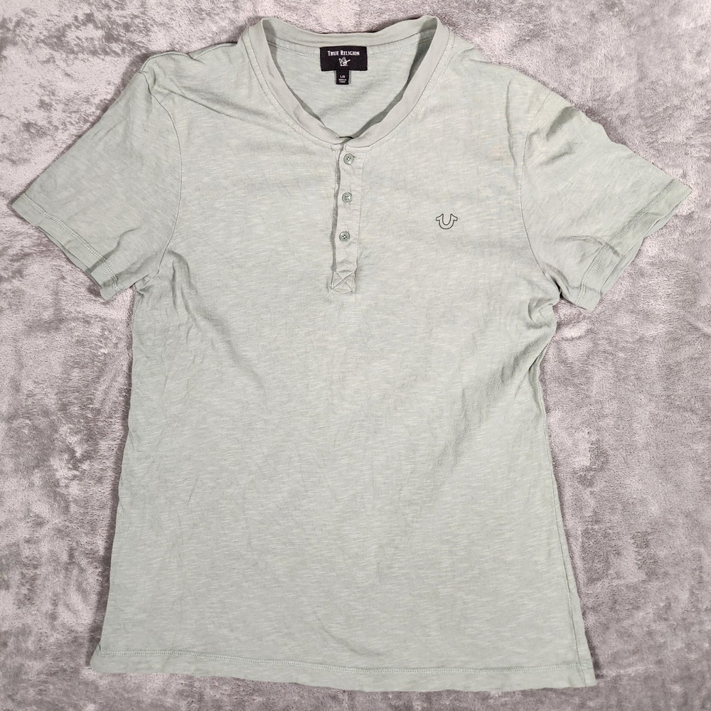 True Religion Henley Shirt Mens Large Sage Green Excellent Slub Knit Horseshoe
